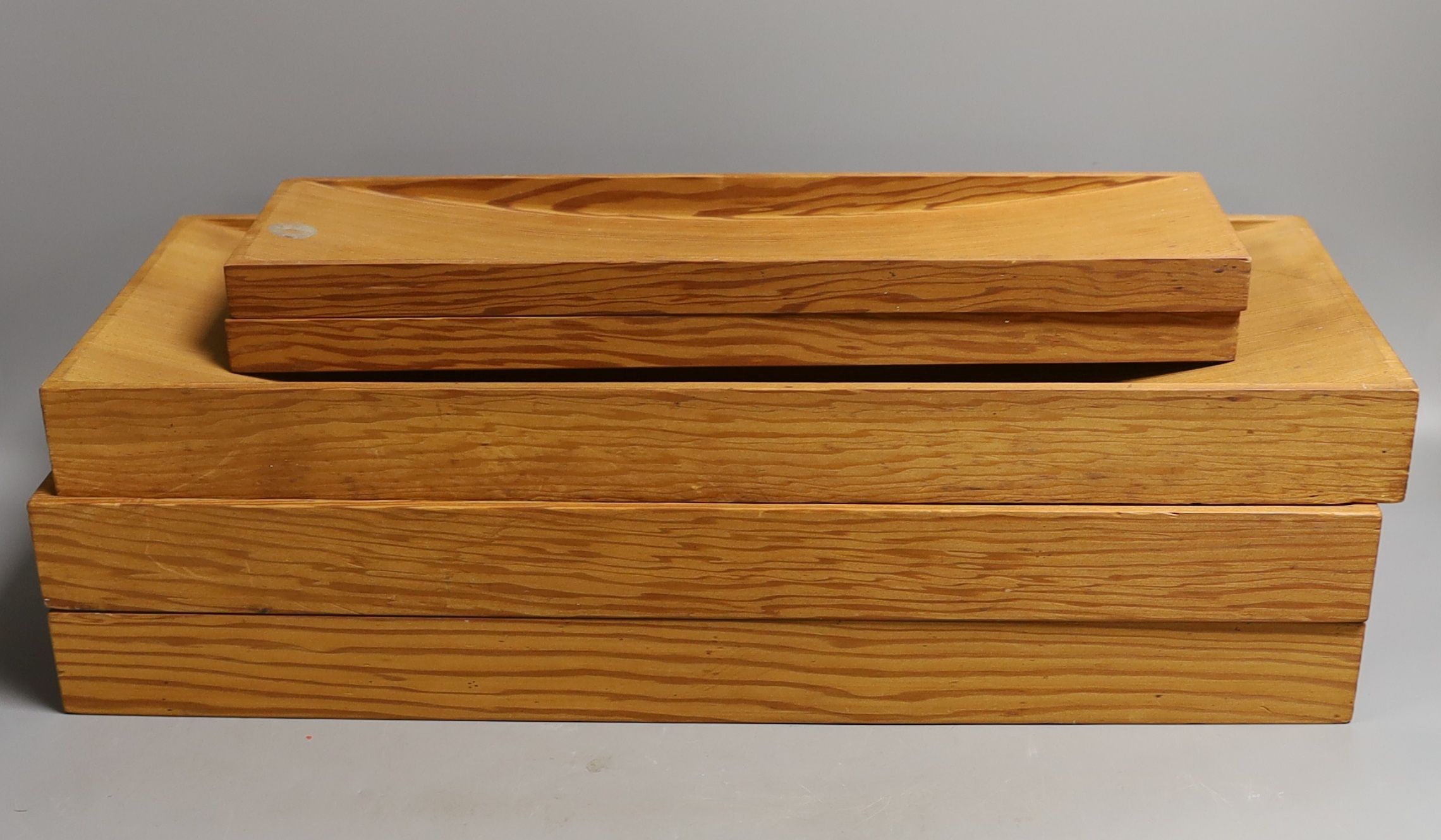 Danish mid century Oregan pine trencher's, larger 50cm, smaller 39cm